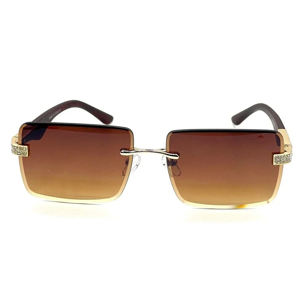 Rimless Sunglasses Men Square‎ Rhinestone Brown Lens Fashion Shades Street Wear